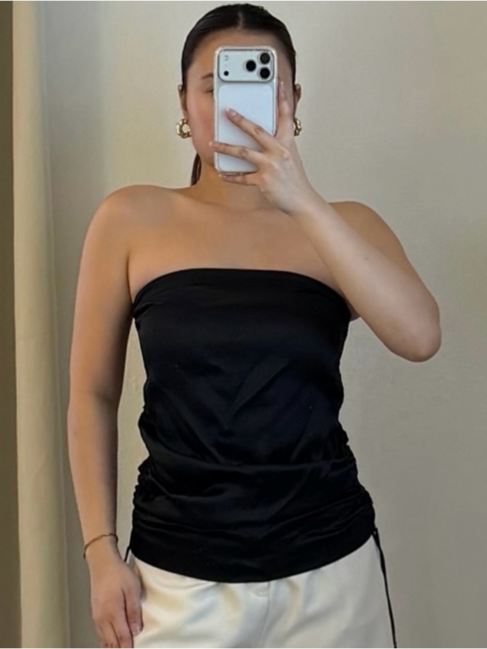 Zara Black Ruched Strapless Going Out Top | Size M